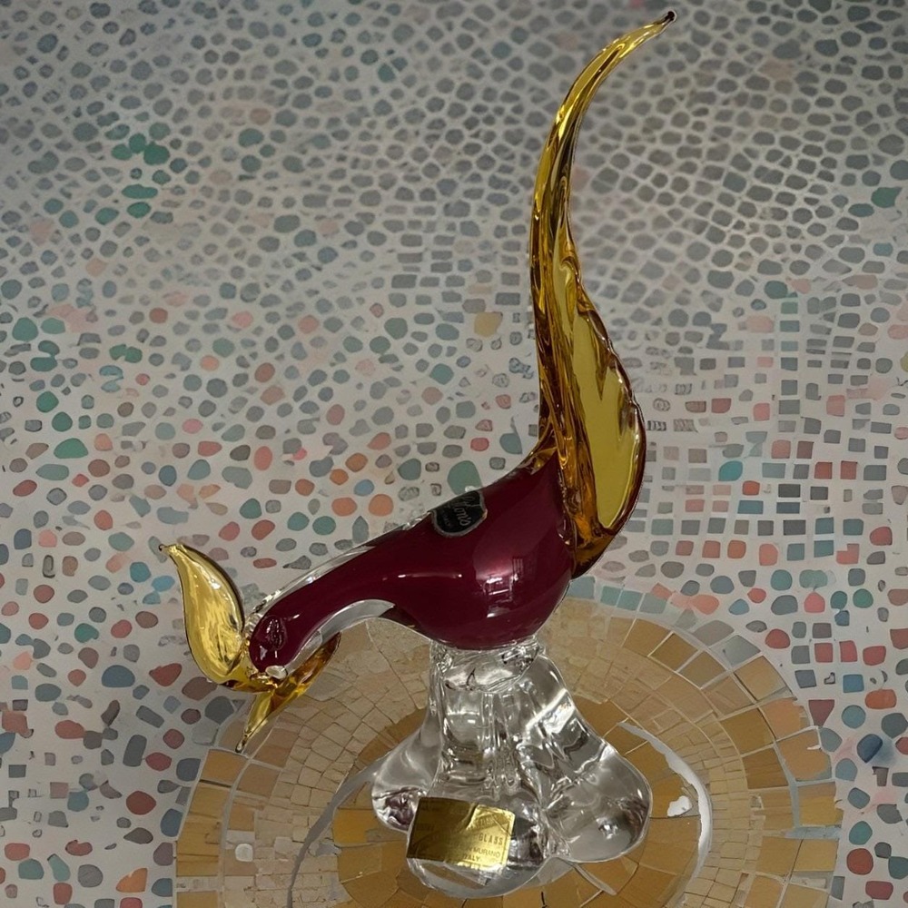 Vintage 1950s Murano Art Glass Red and Amber Pheasant Bird Figurine Sculpture